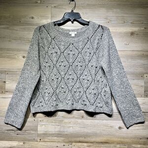 Garnet Hill Open Bobble Knit Sweater Gray Acrylic Wool Alpaca Size XL Short Boxy